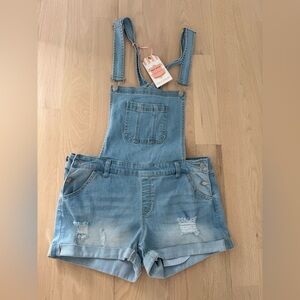 Wax Jean Women's Large Pocket Front Distressed Overall Shorts Light Blue NEW